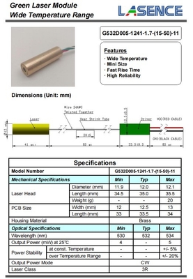 532nm 5mW 3R 녹색 레이저 모듈, 긴 수명 무게 0.02 KG 수명 5000 시간